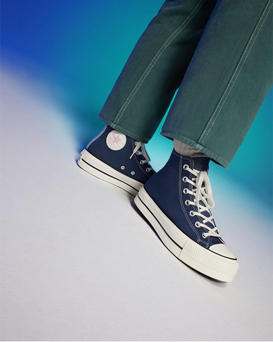 Zapatos Plataforma Converse Chuck Taylor All Star Lift Denim Altas Mujer Azul Marino Naranjas Rosas | PE 48W572